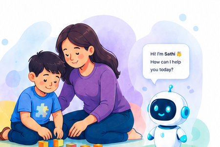 A parent and child playing with building blocks alongside Sathi, the friendly AI coach